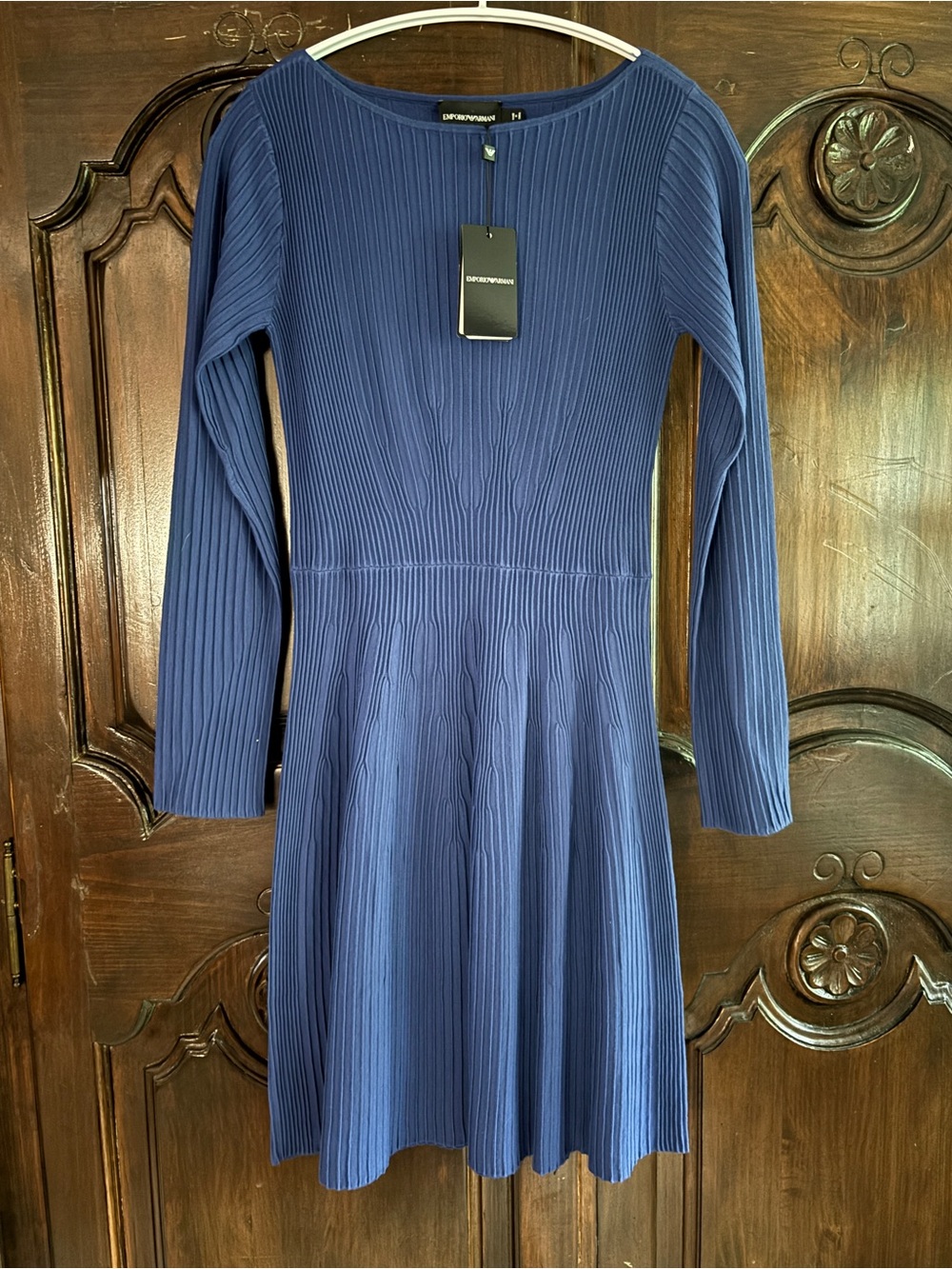 Emporio Armani Blue Ribbed Long-Sleeve Fit-and-Flare Dress